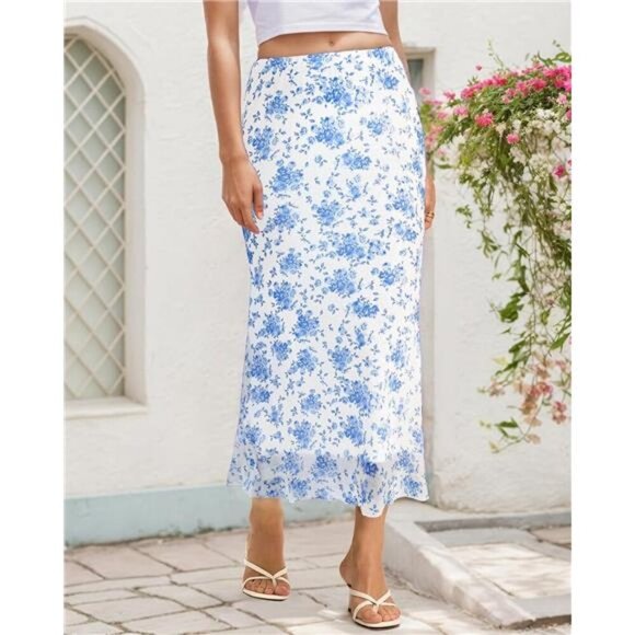 Women's Mesh Midi Skirt Elastic High Waisted White Blue - Picture 3 of 6
